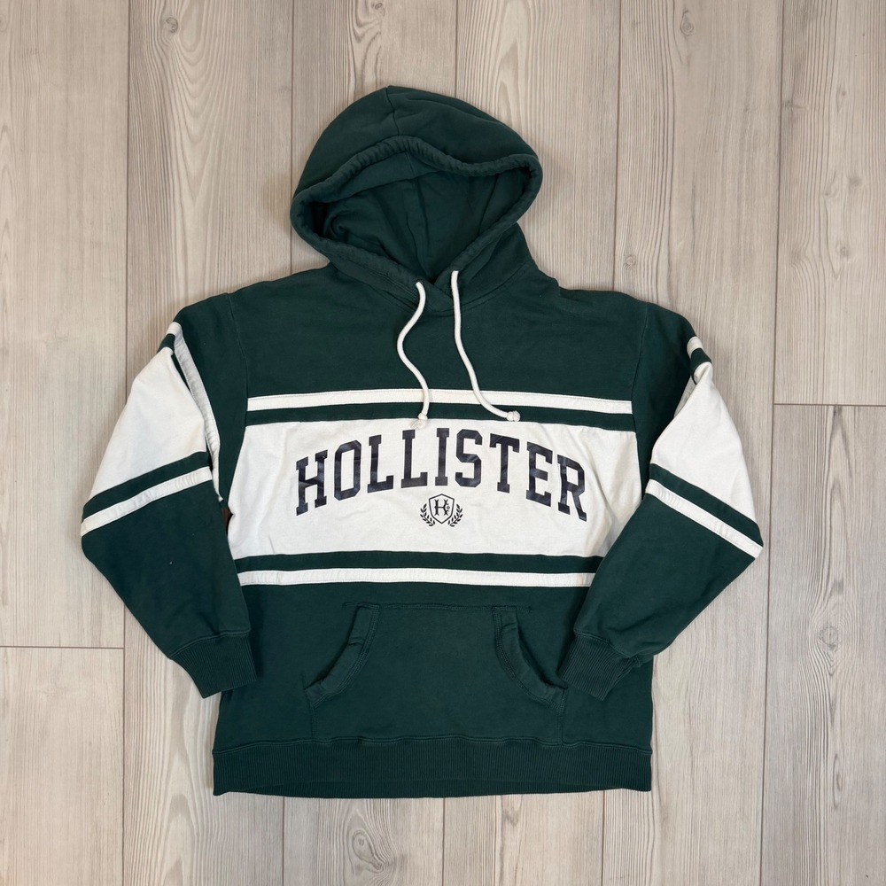 Hollister‎ Womens XS Green White Stripe Logo Fleece Pullover Hoodie 352E2551